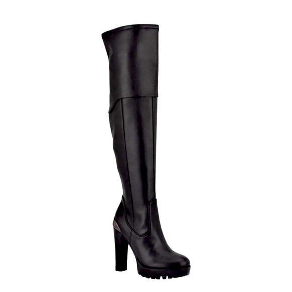 Guess Shoes Guess Taylin Black High Heel Boots Over The Knee Faux